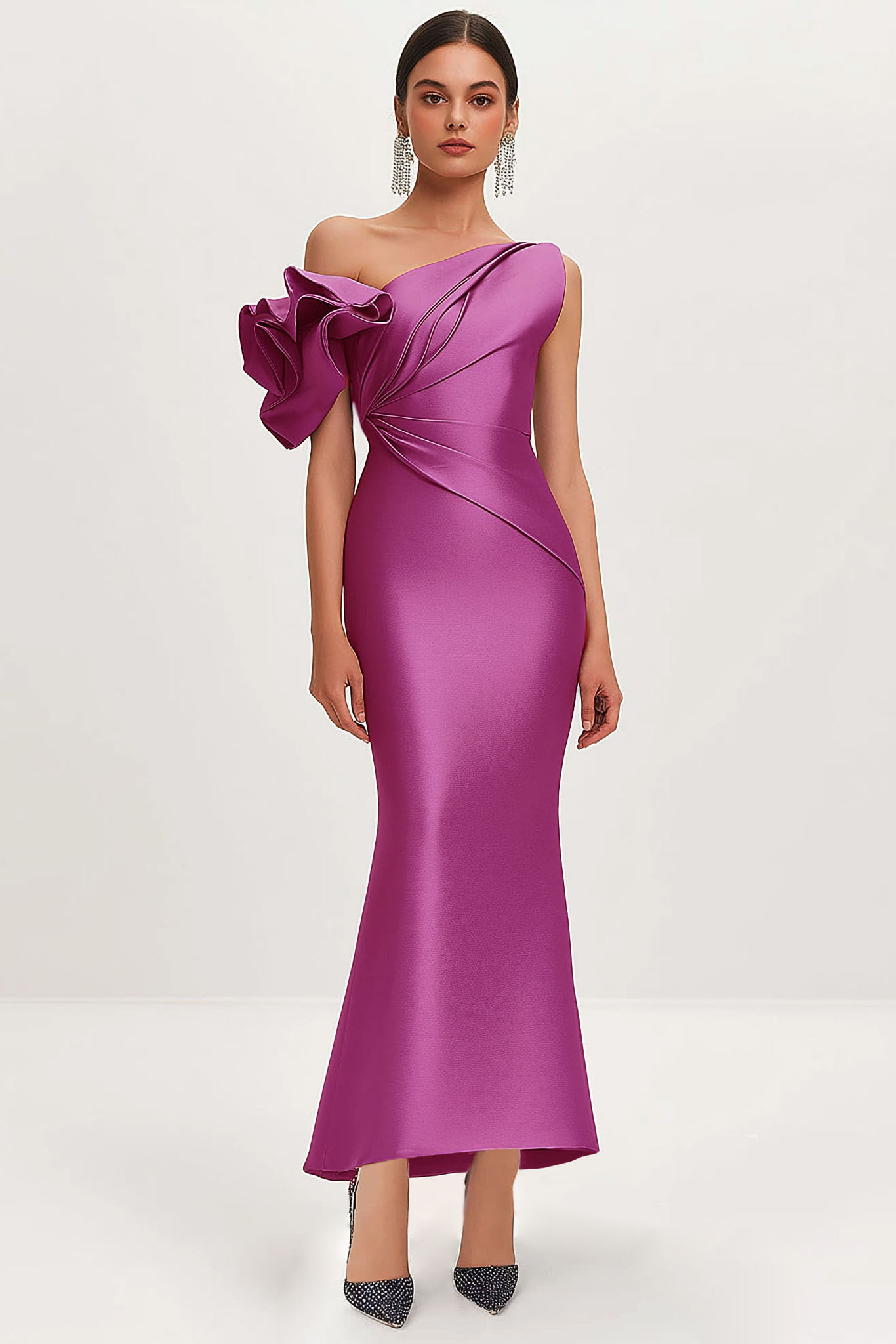 Semi-Formal Satin Dress Purple One-Shoulder Pleated Flower Sleeve Maxi Dress