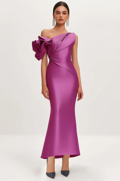Semi-Formal Satin Dress Purple One-Shoulder Pleated Flower Sleeve Maxi Dress