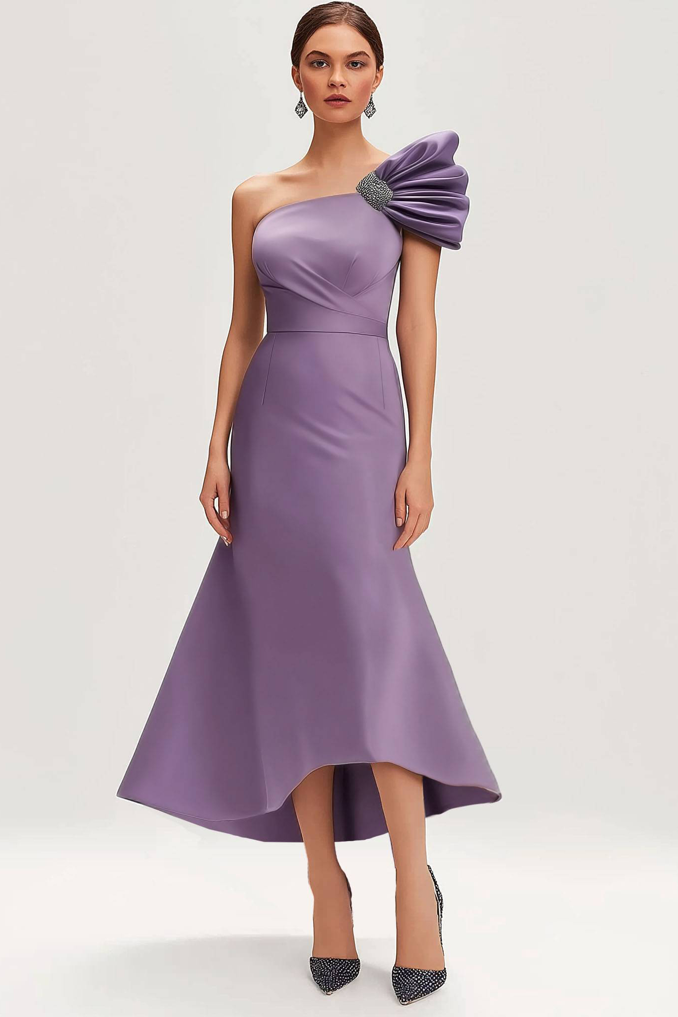 Semi-Formal Party Dress Purple One-Piece Pleated Rhinestone Midi Dress