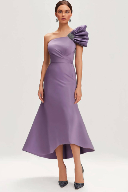 Semi-Formal Party Dress Purple One-Piece Pleated Rhinestone Midi Dress