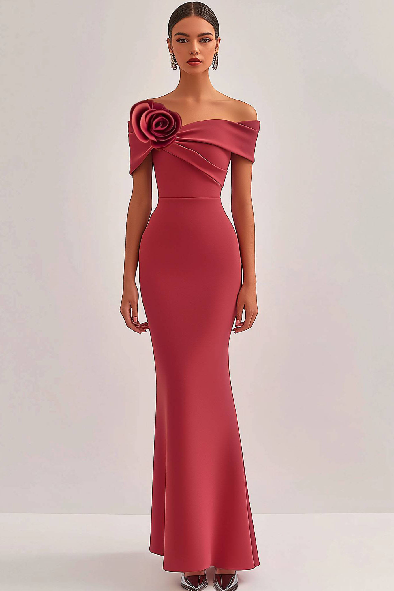 Formal Evening Dress Red One-Shoulder Flower Bodycon Maxi Dress