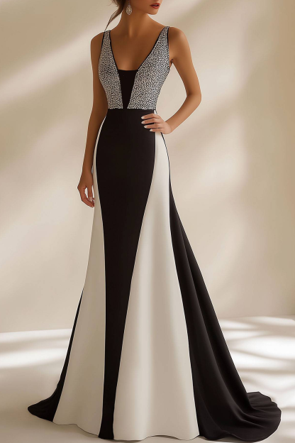 Evening Formal Dress Sequins Black and White Straps Long Prom Dress