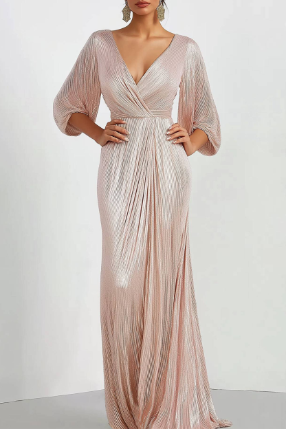 Wedding Guest Dress Sparkly Pink V Neck Long Prom Dress
