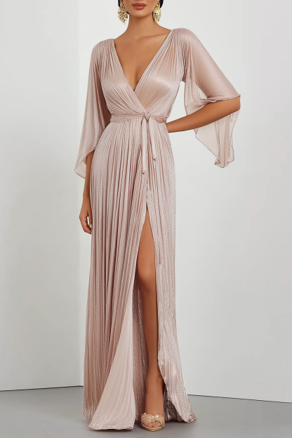 Wedding Guest Dress Pleated Pink Long Prom Dress with Slit