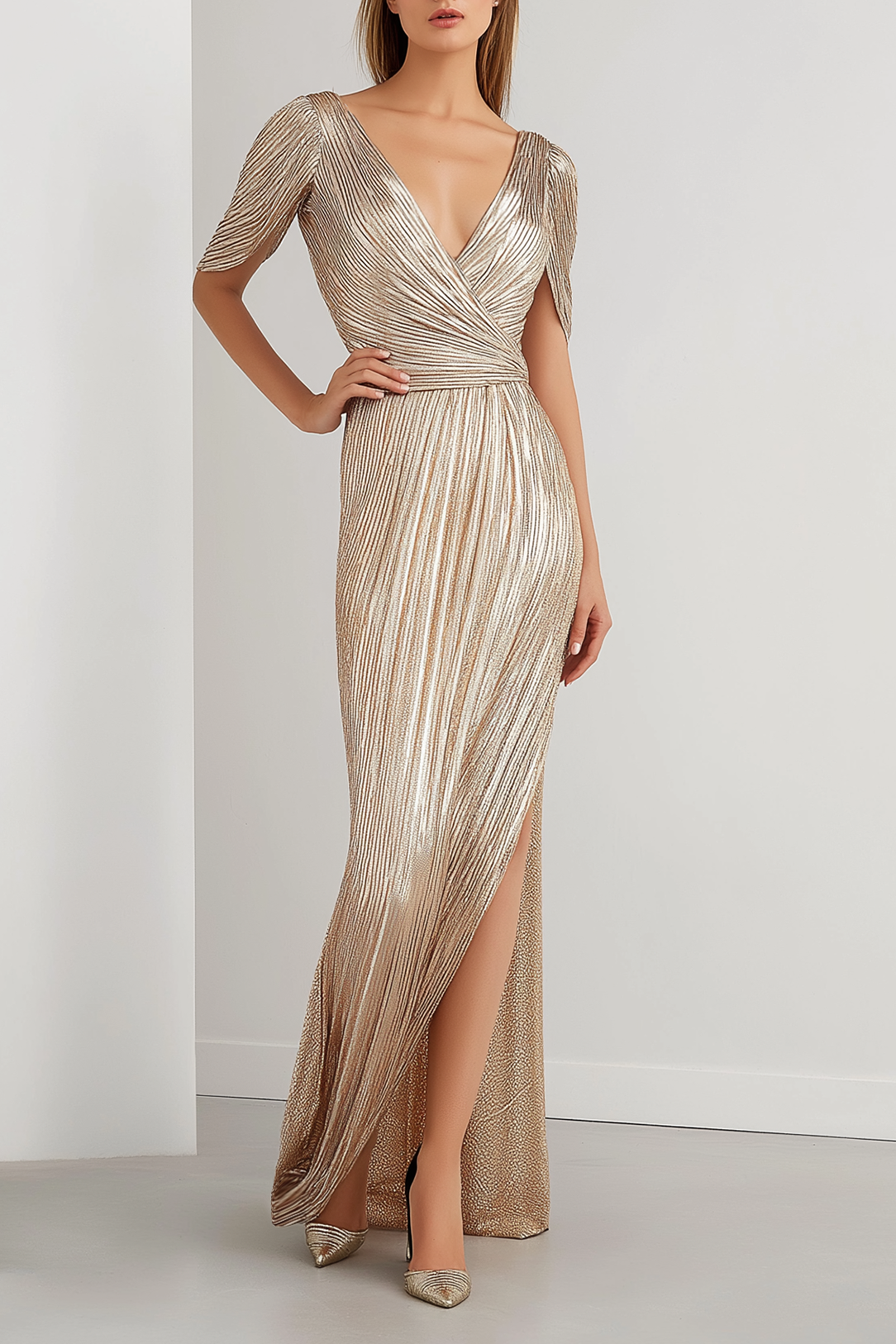 Fromal Dress Gold Pleated Short Sleeves Long Prom Dress with Slit