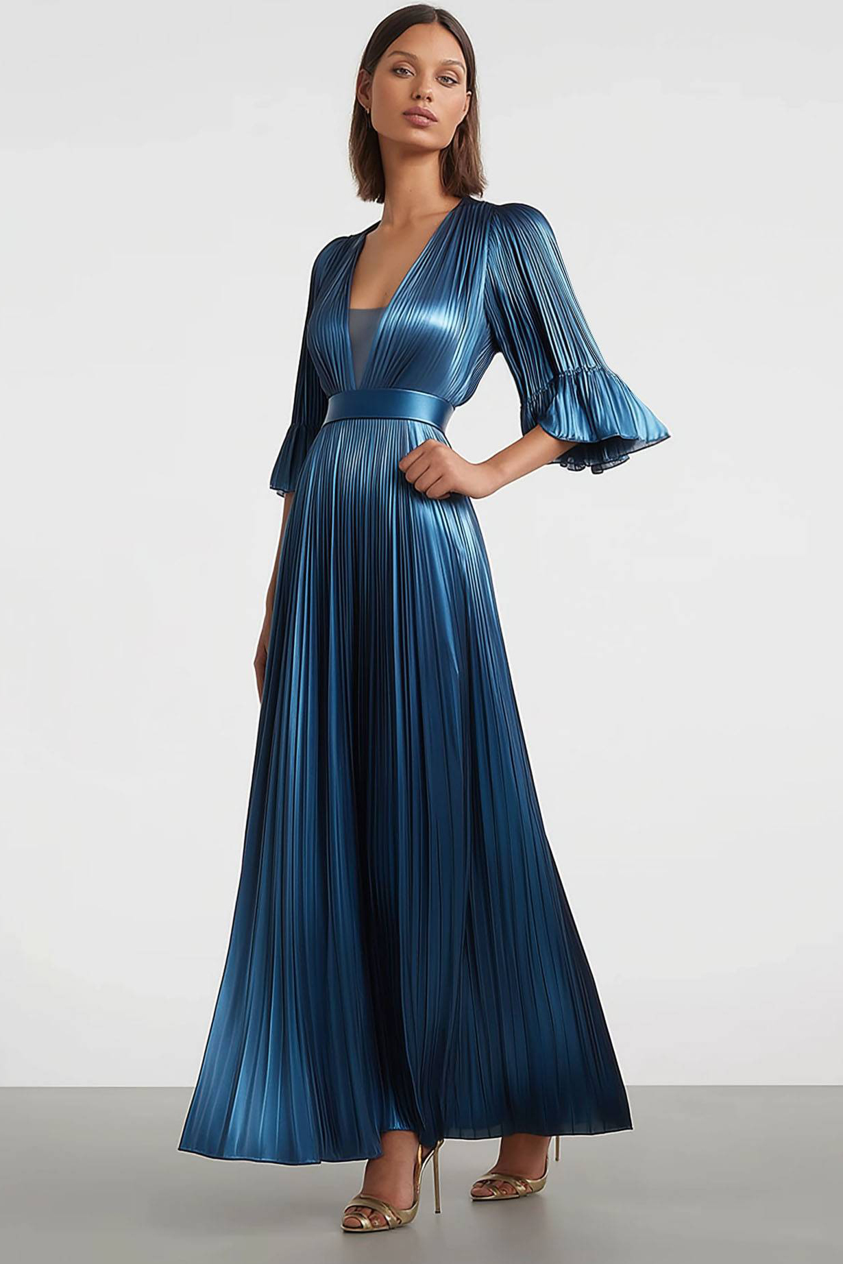 Formal Evening Pleated Dress Blue Metallic Fabric V-Neck Ruffled Maxi Dress