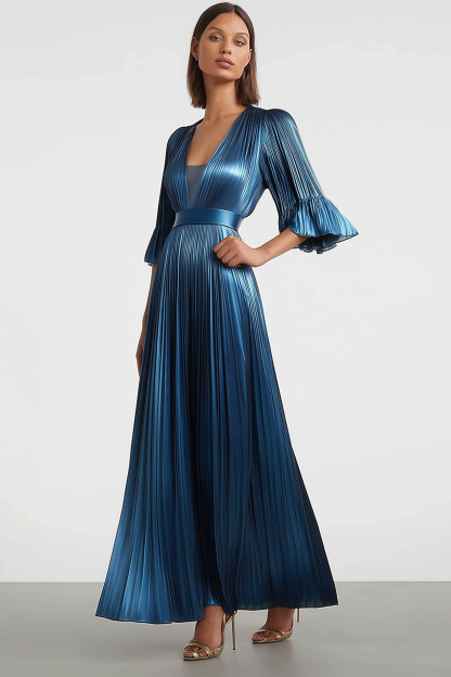 Formal Evening Pleated Dress Blue Metallic Fabric V-Neck Ruffled Maxi Dress