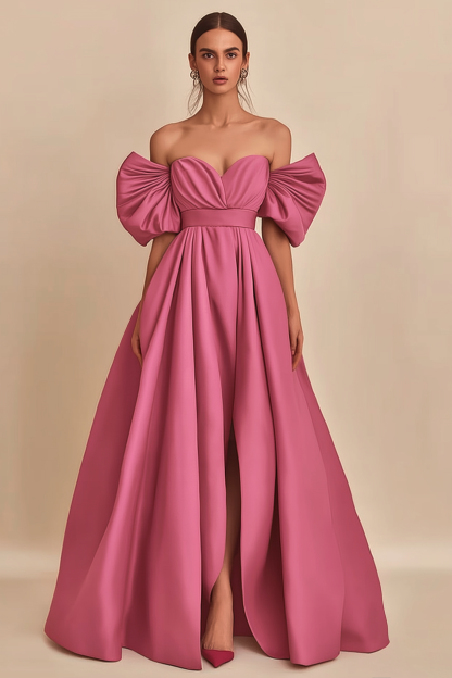 Formal Prom Dress Pink Off-Shoulder Side Slit Floor-Length Dress