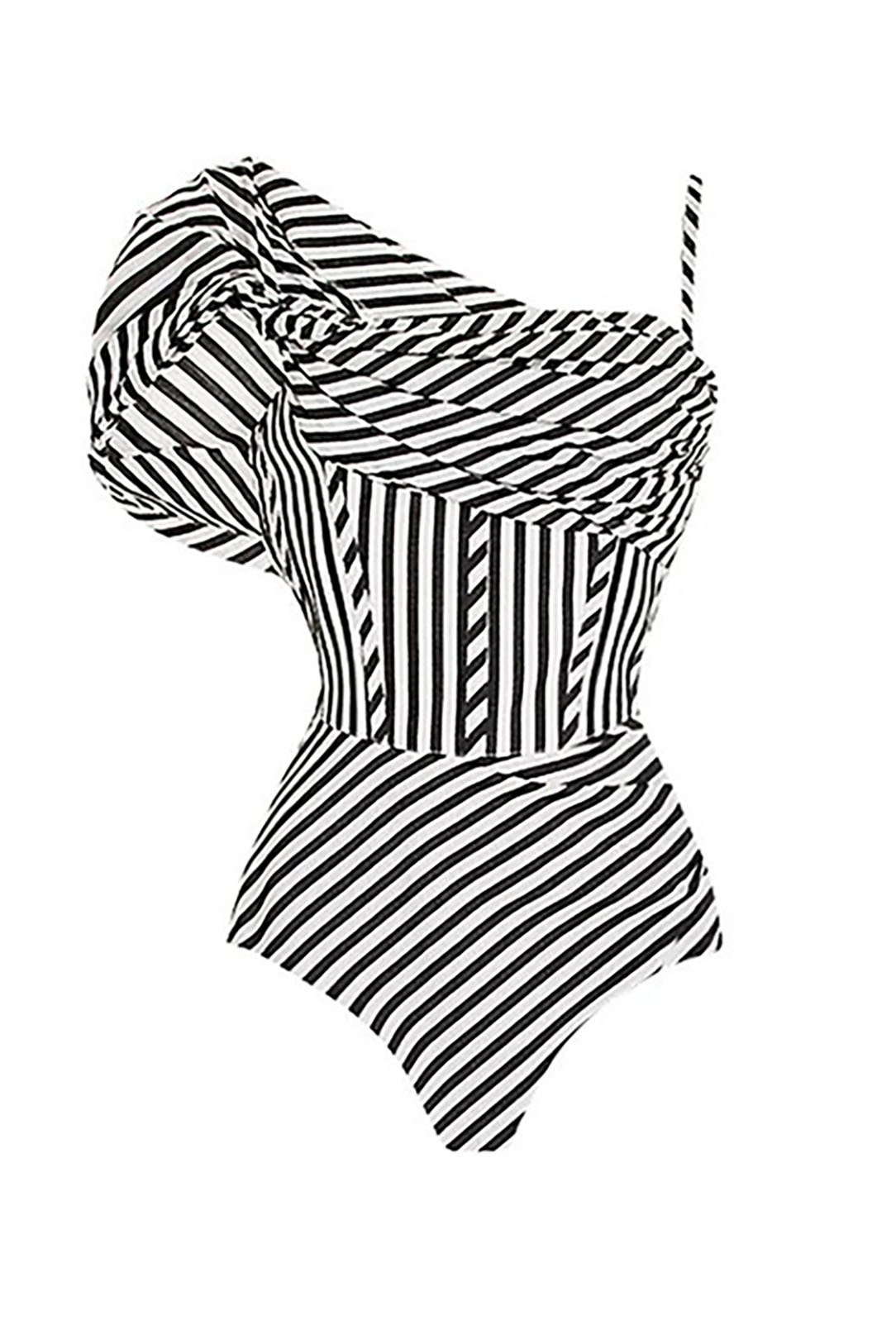 Black and White Striped One-Piece Swimsuit and Cake Skirt Cover-Up