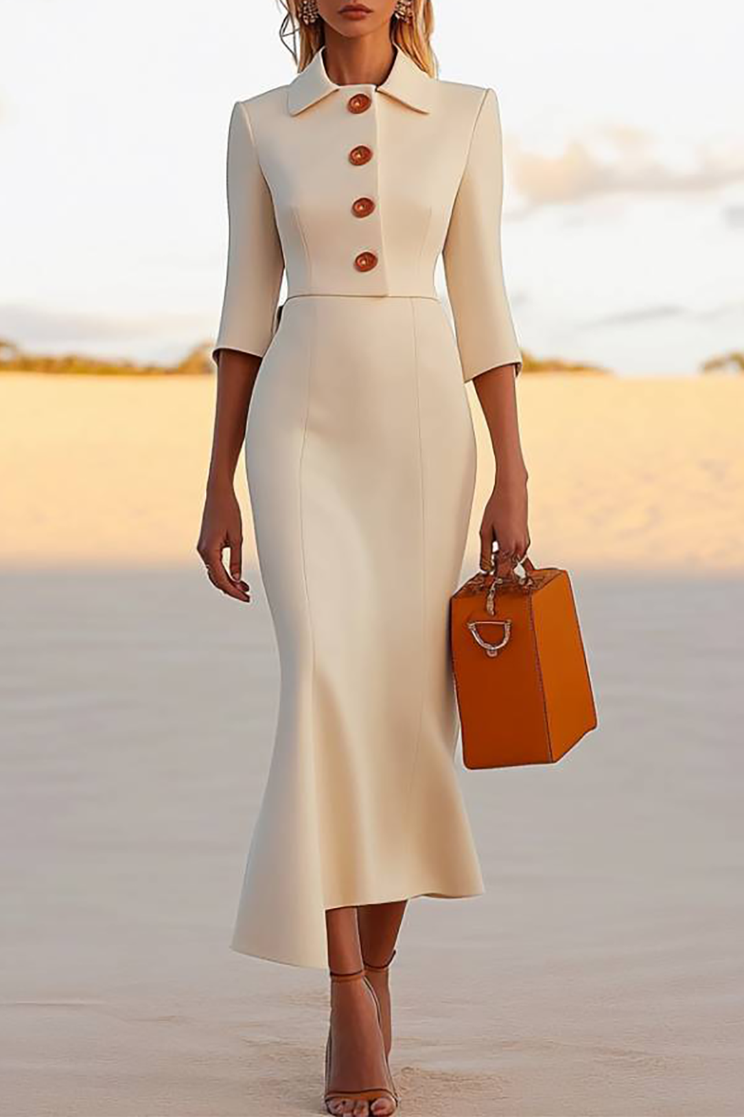 Work Semi-Formal Beige Dress Long Sleeves Midi Dress With Buttons