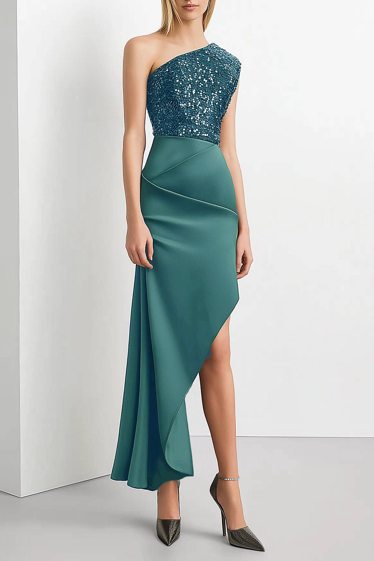 Cocktail Party Dress Light Green Sequin One-Shoulder Asymmetrical Midi