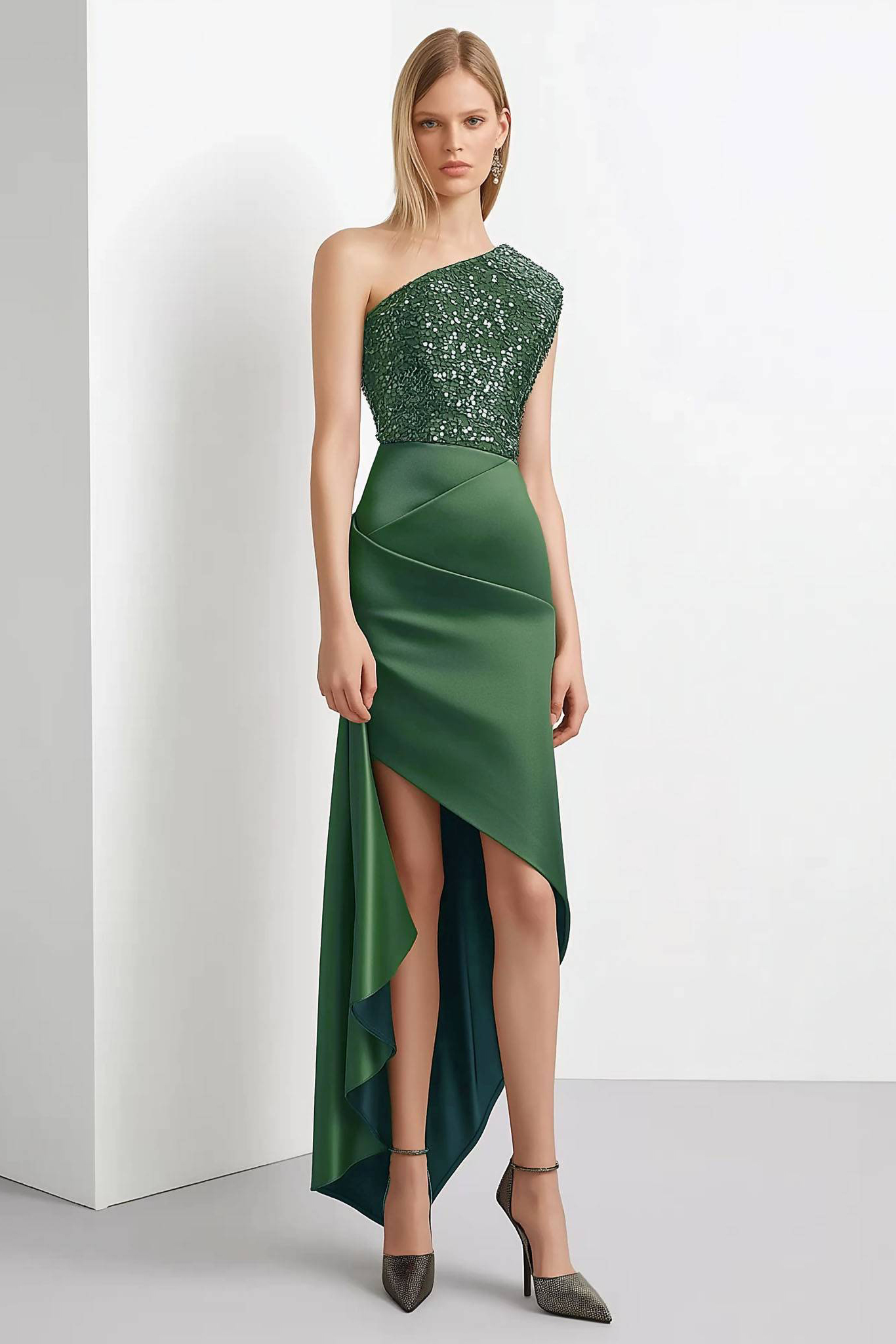 Cocktail Party Dress Green Sequin Satin Panel One-Shoulder Midi Dress