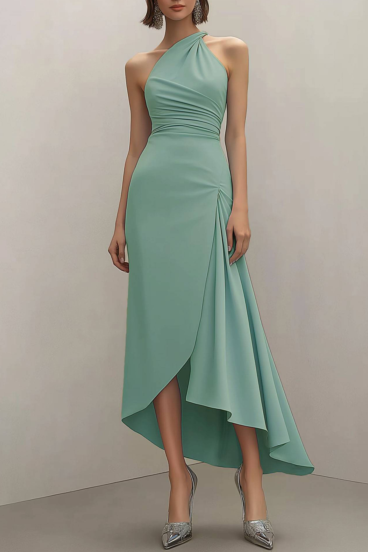 Wedding Guest Party Dress Sage Green One-Shoulder Ruffle Midi Dress