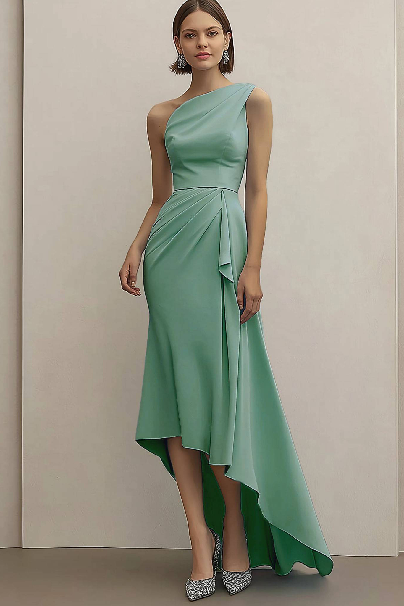 Wedding Guest Party Dress Sage Green Asymmetrical Floor-Length Dress