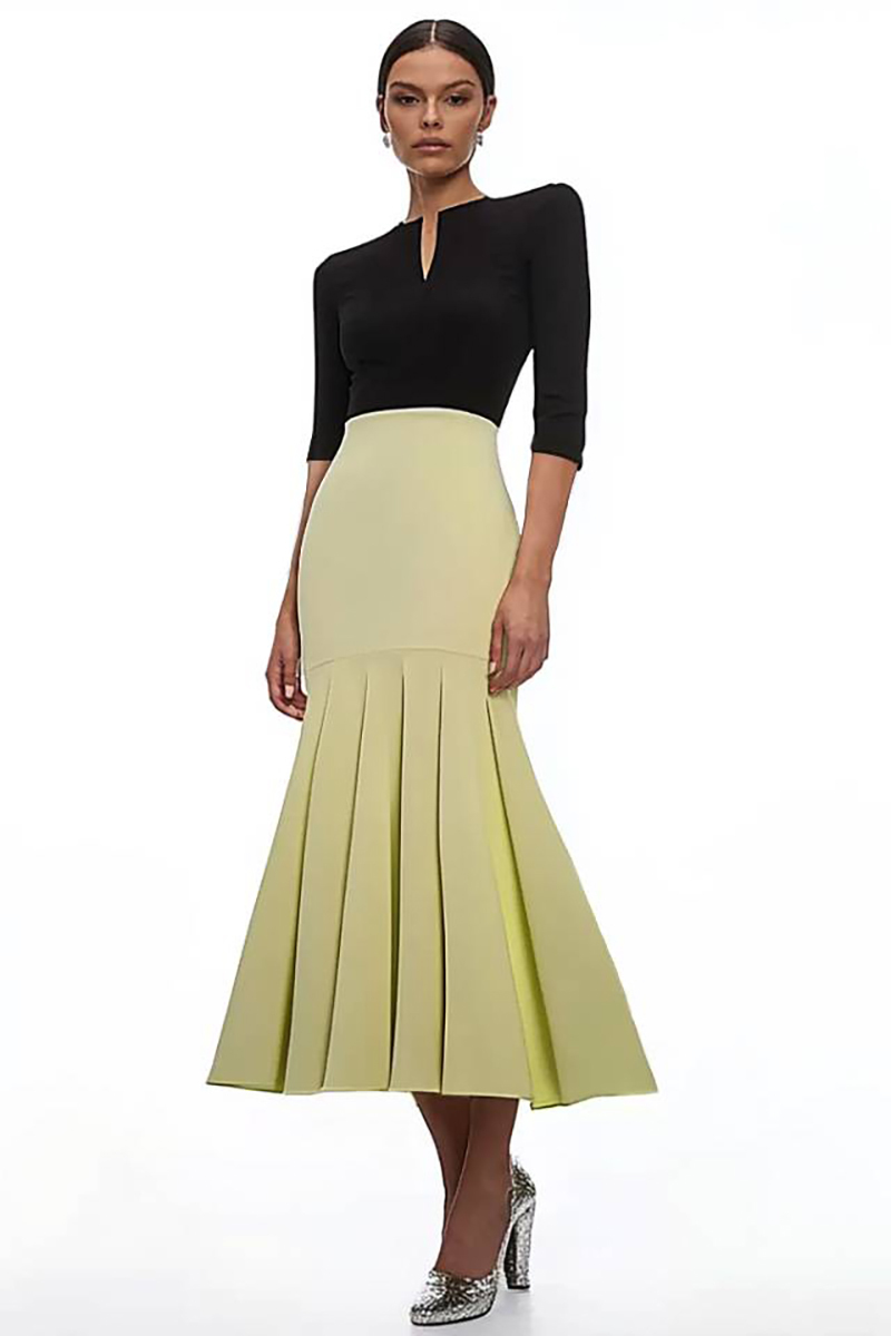 Semi-Formal Party Dress Colorblock V-Neck Fitted Mermaid Pleated Maxi Dress
