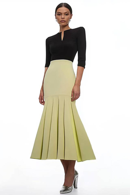 Semi-Formal Party Dress Colorblock V-Neck Fitted Mermaid Pleated Maxi Dress