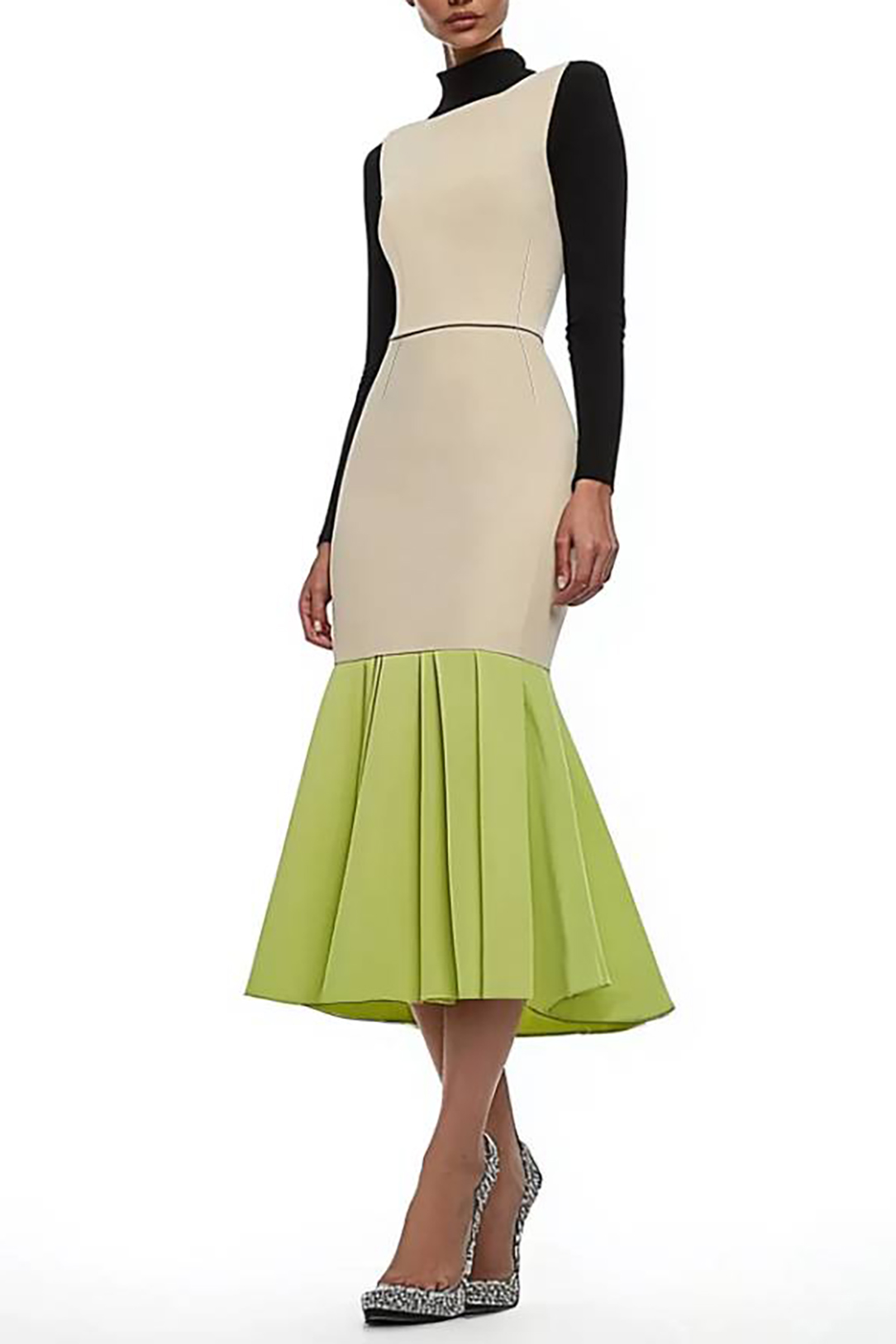 Semi-Formal Dress Colorblock Stand Collar Fitted Mermaid Pleated Maxi Dress