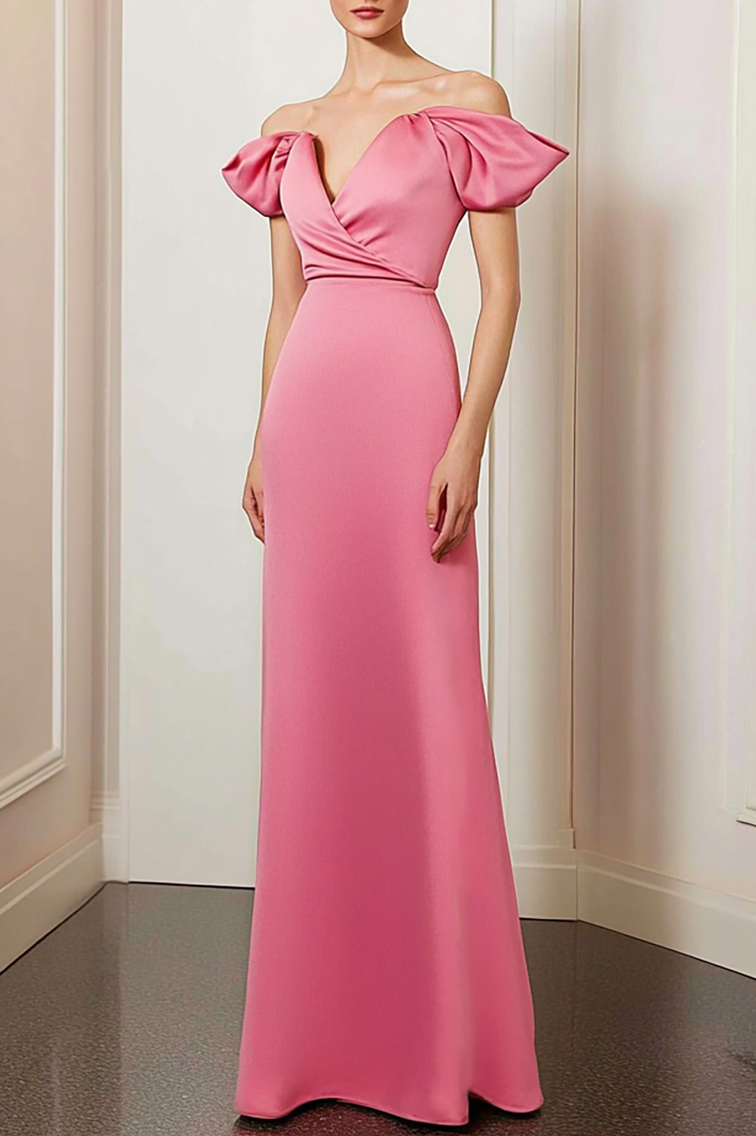 Formal Evening Dress Pink Off-Shoulder Puff Sleeve Floor-Length Dress