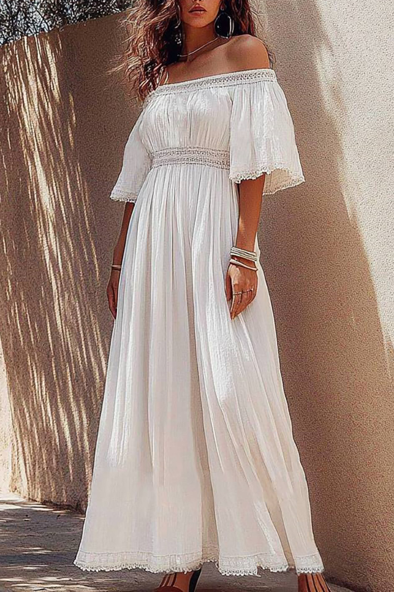 Vacation Casual Linen Dress White Off Shoulder Embroidered Maxi Dress
