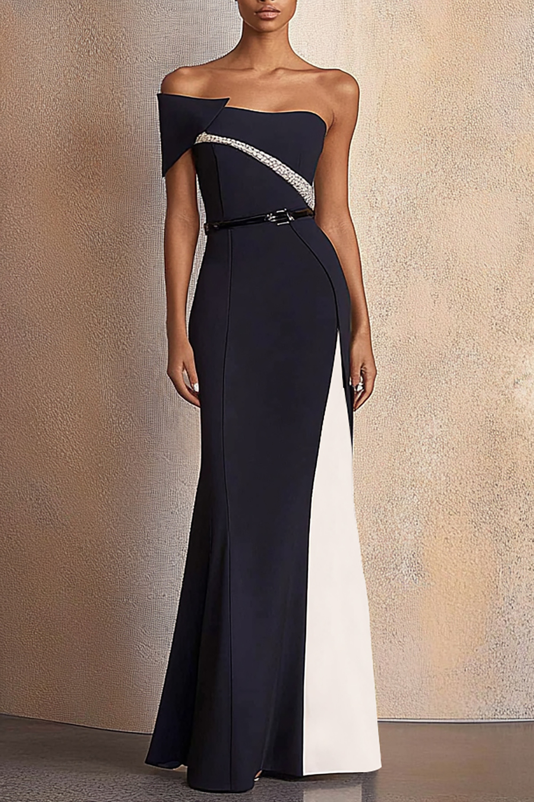 Formal Evening Dress Black White Colorblock Belt Floor-Length Dress