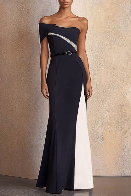 Formal Evening Dress Black White Colorblock Belt Floor-Length Dress
