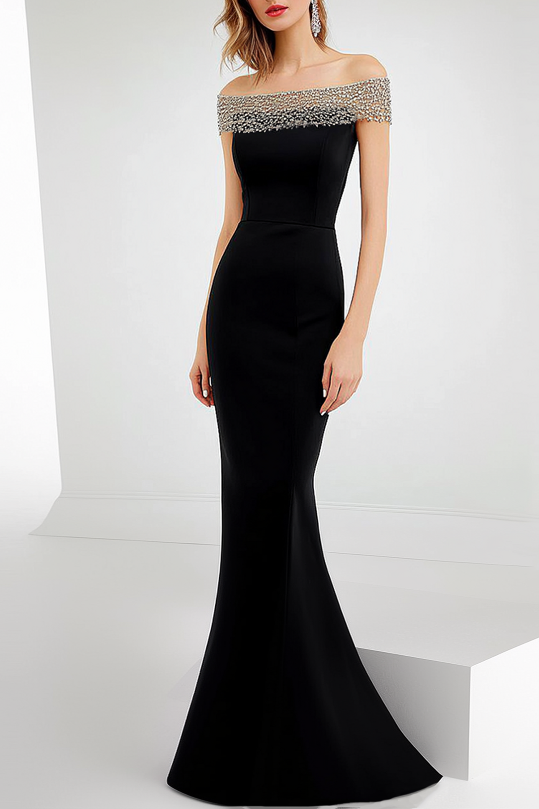 Formal Evening Dress Black Off-Shoulder Fitted Mermaid Floor-Length Go