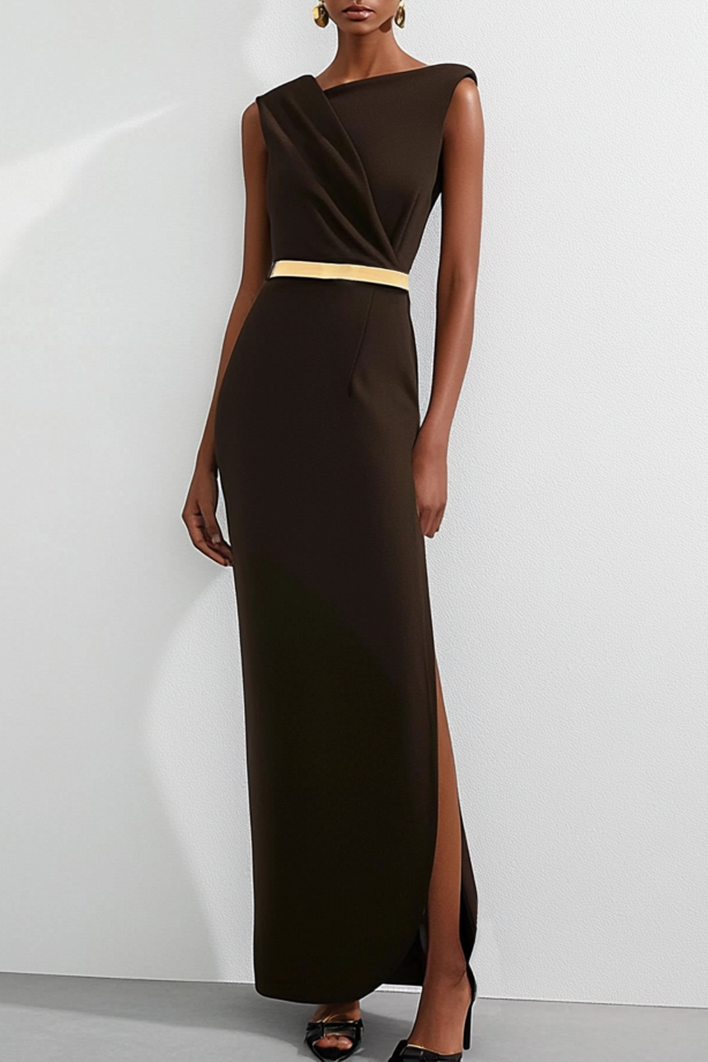 Formal Evening Dress Black Asymmetrical Neck Sleeveless Side Slit Maxi