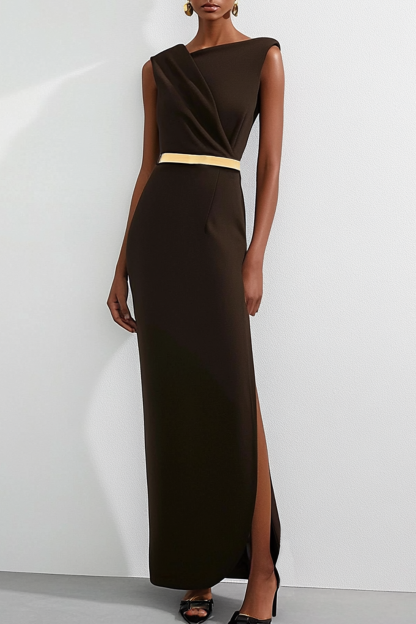 Formal Evening Dress Black Asymmetrical Neck Sleeveless Side Slit Maxi Dress