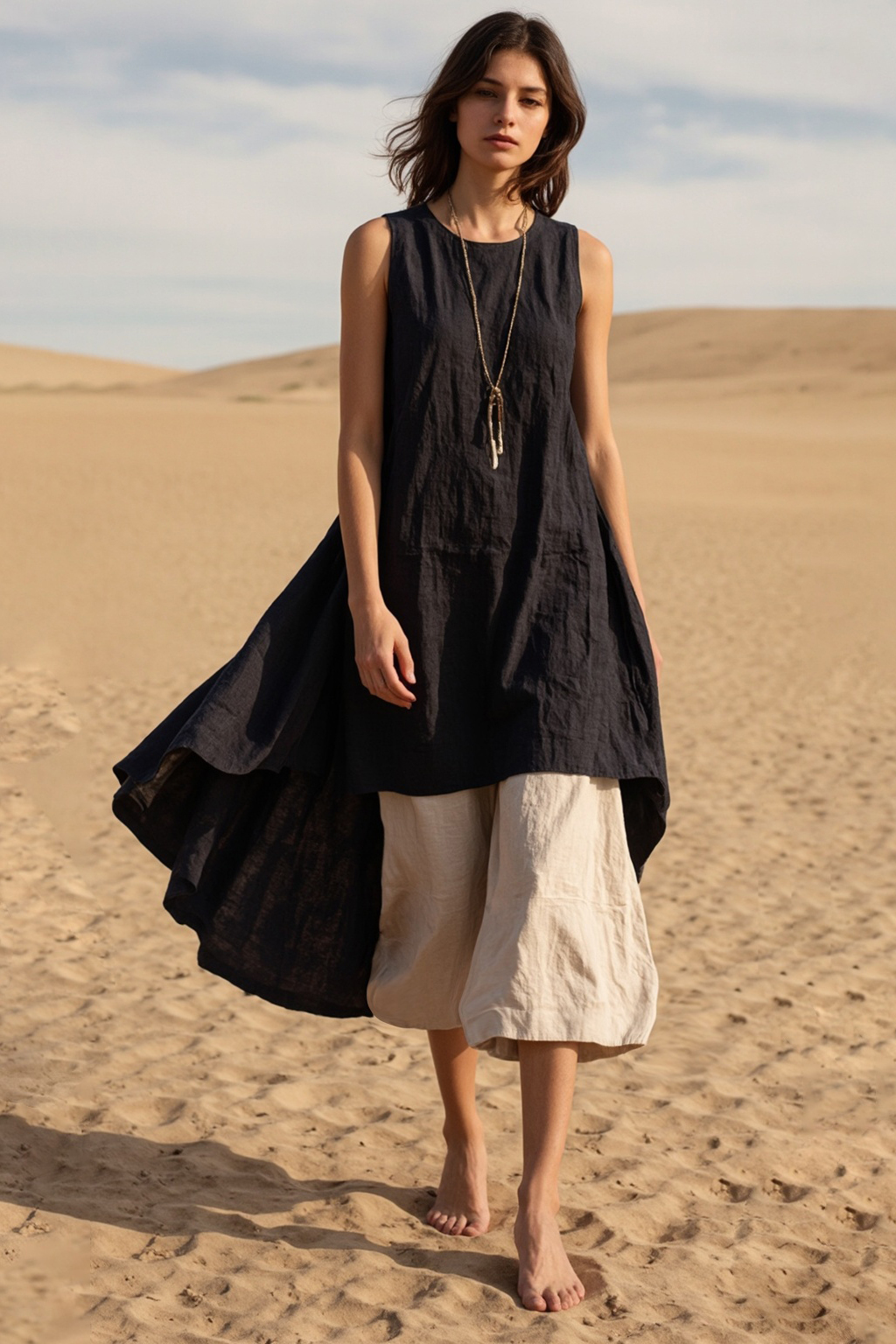 Vacation Casual Linen Set Black Sleeveless Top and Brown Cropped Pants