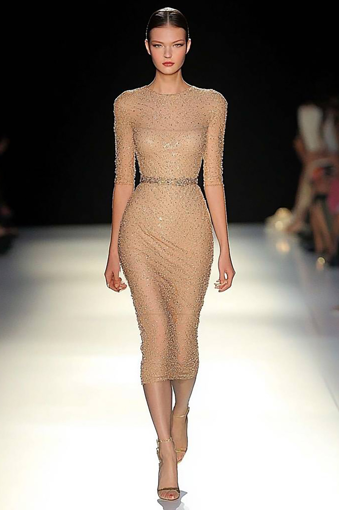 Party Sequin Dress Light Brown Round Neck Half-Sleeve Midi Dress