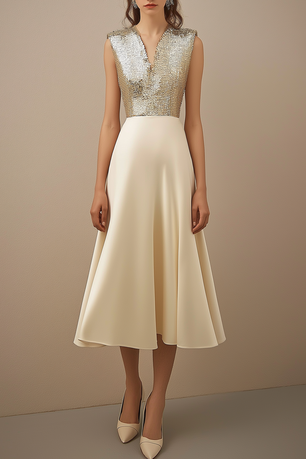 Party Sequin Dress Beige V-Neck Sleeveless Midi Dress