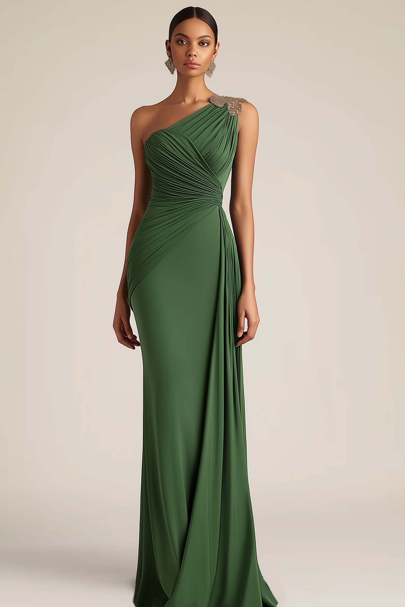 Formal Evening Dress Green One-Shoulder Ruched Floor-Length Dress
