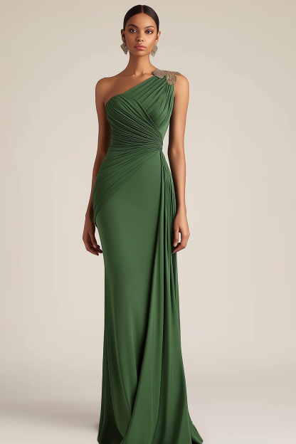 Formal Evening Dress Green One-Shoulder Ruched Floor-Length Dress