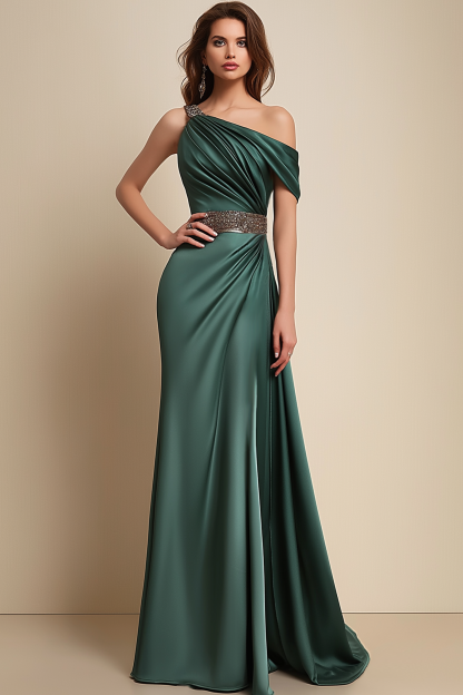 Formal Dress Green One-Shoulder Rhinestone Waist Belt Floor-Length Dress