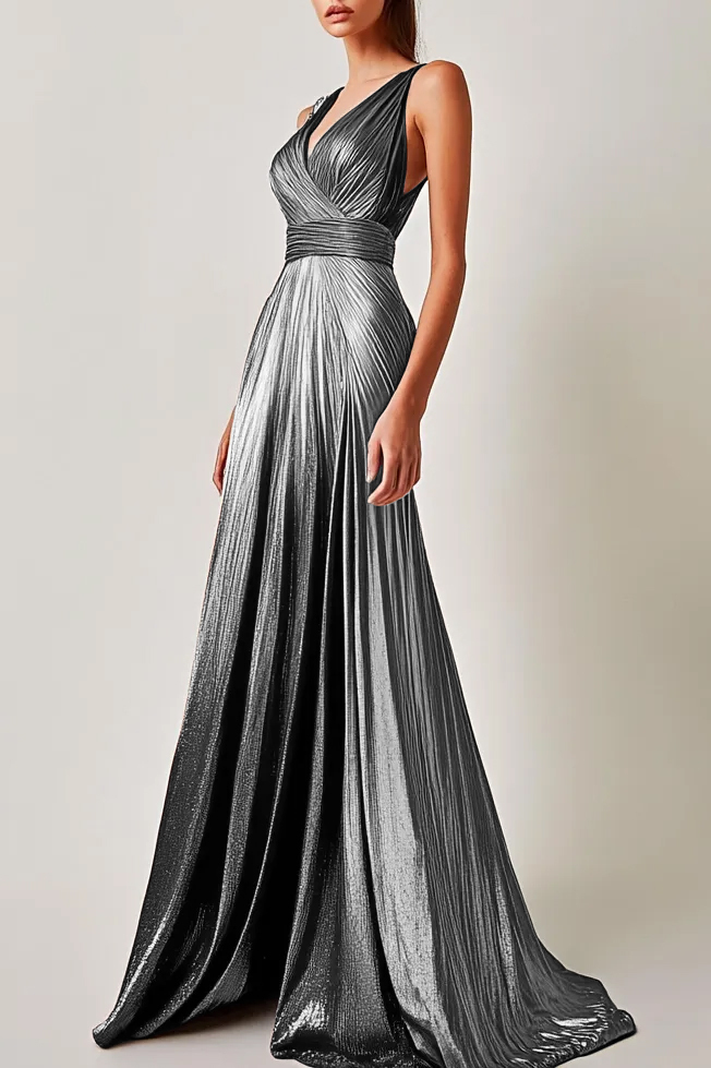 Formal Party V Neck Elegant Silver-Brown Gradient Maxi Dress