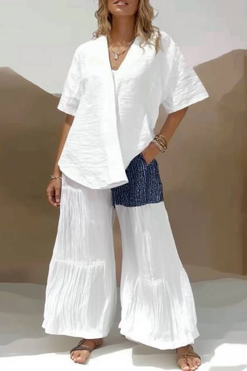 Casual Daily Linen Set White V-Neck Loose Top Colorblock Wide-Leg Pants Set
