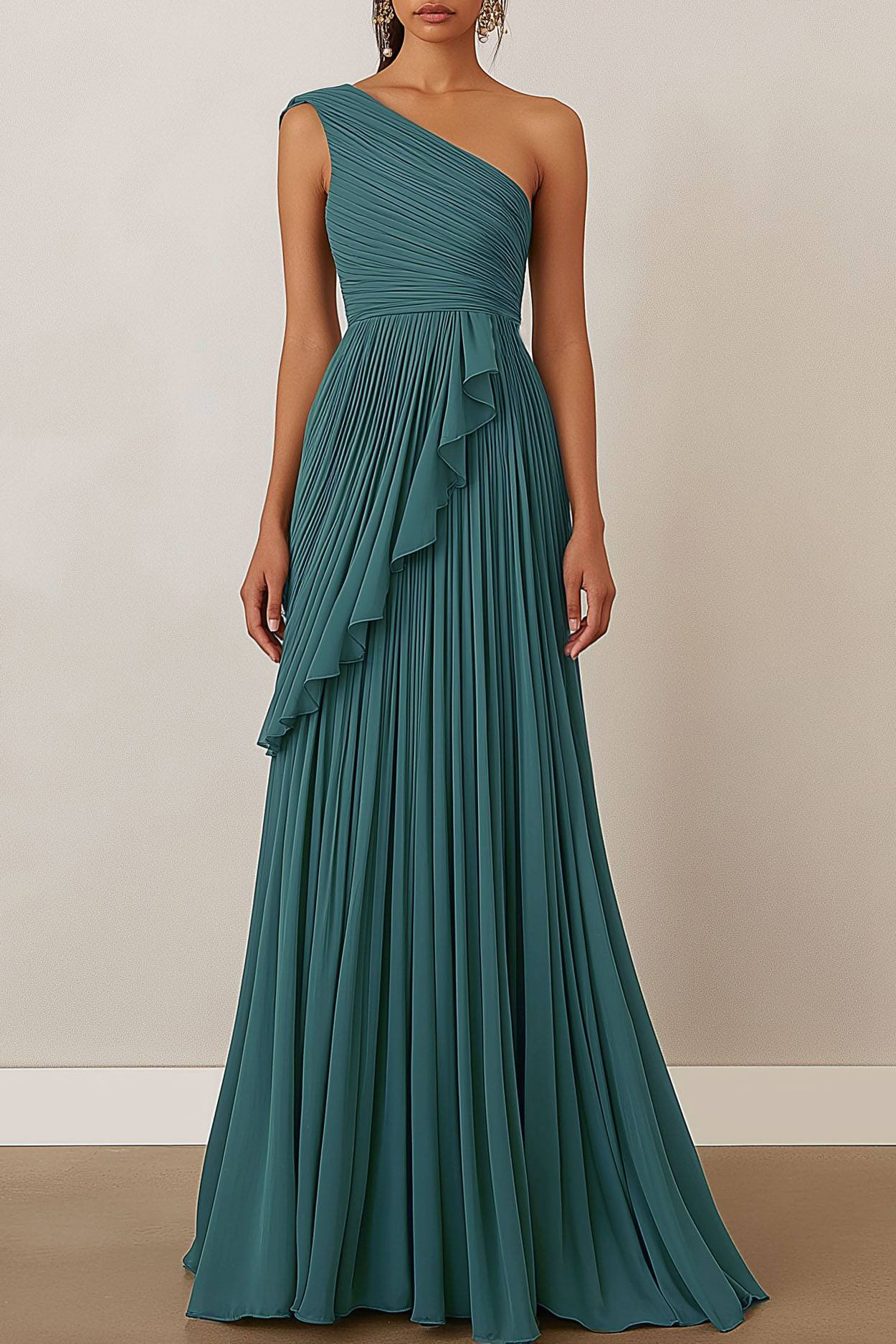 Formal Evening Dress Teal One-Shoulder Ruched Asymmetrical Floor-Lengt