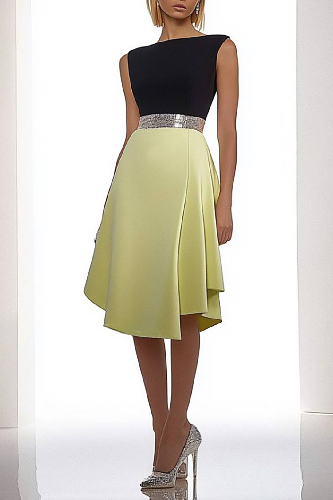 Semi-Formal Party Dress Colorblock Round Neck Sleeveless Knee-Length D