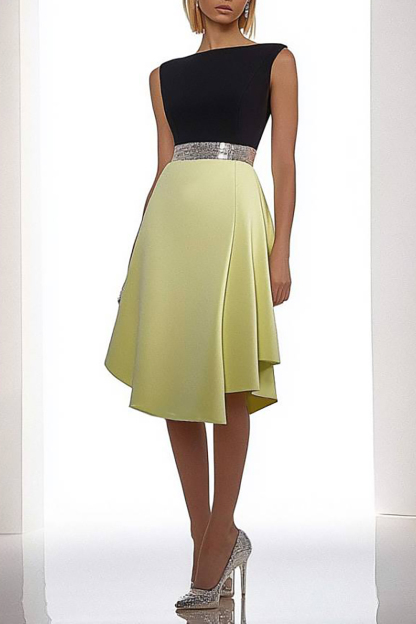 Semi-Formal Party Dress Colorblock Round Neck Sleeveless Knee-Length Dress