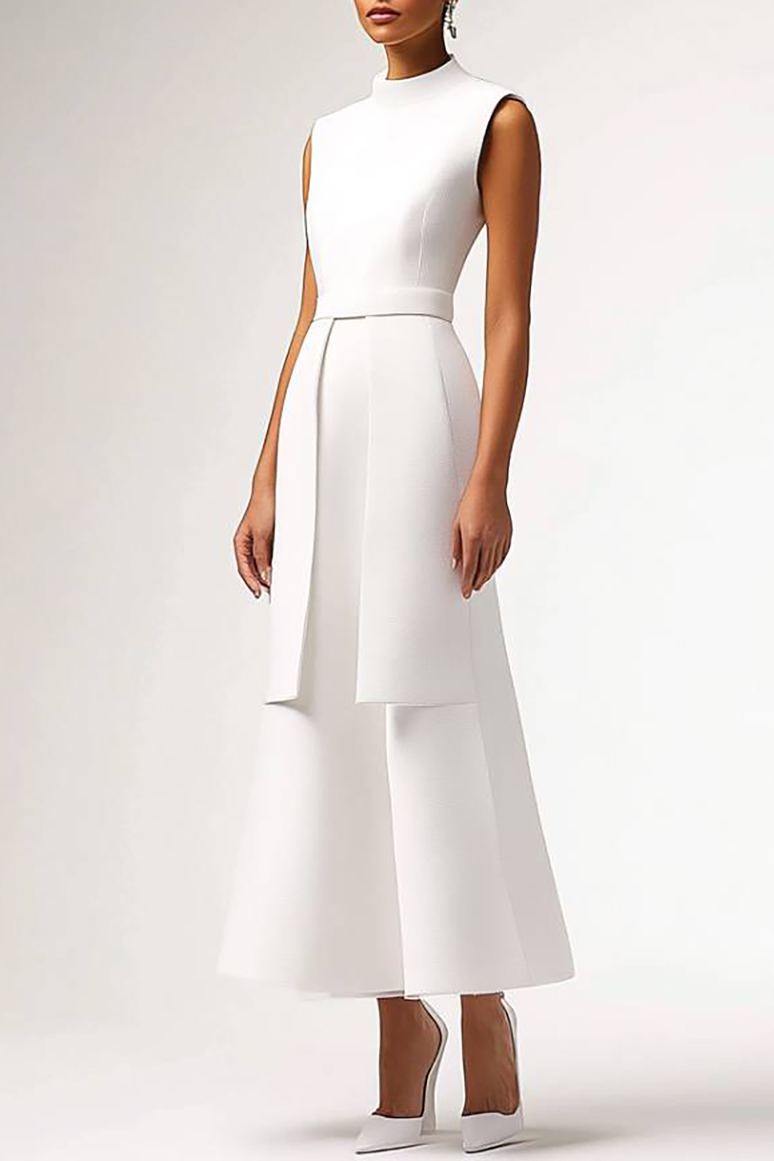 Semi-Formal Party Dress White Stand Collar Sleeveless Maxi Dress