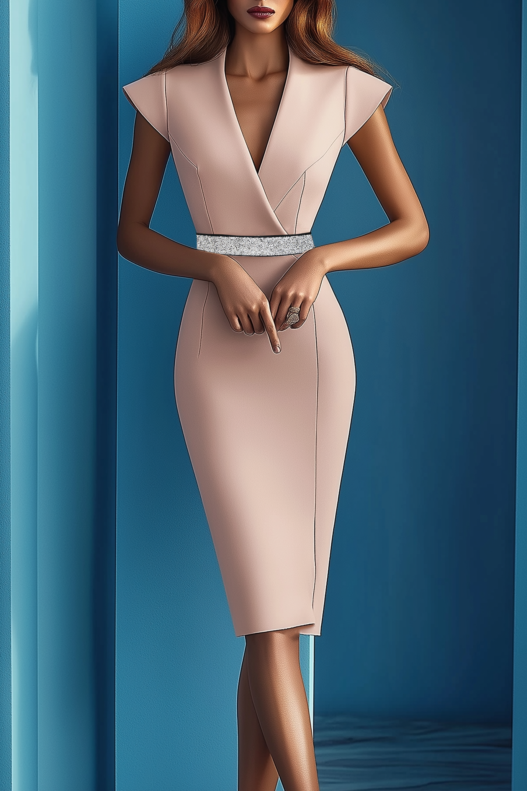 Work Semi-Formal Dress Pink Cross Neck Fitted Knee-Length Dress