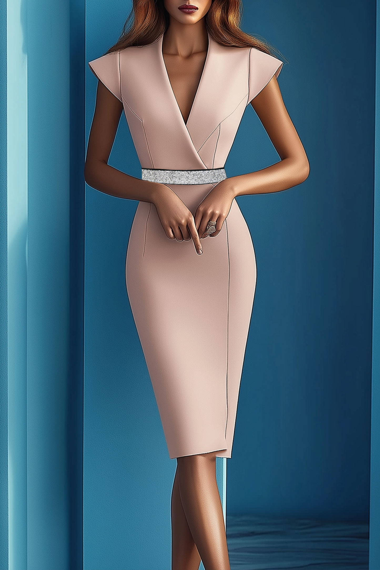 Work Semi-Formal Dress Pink Cross Neck Fitted Knee-Length Dress