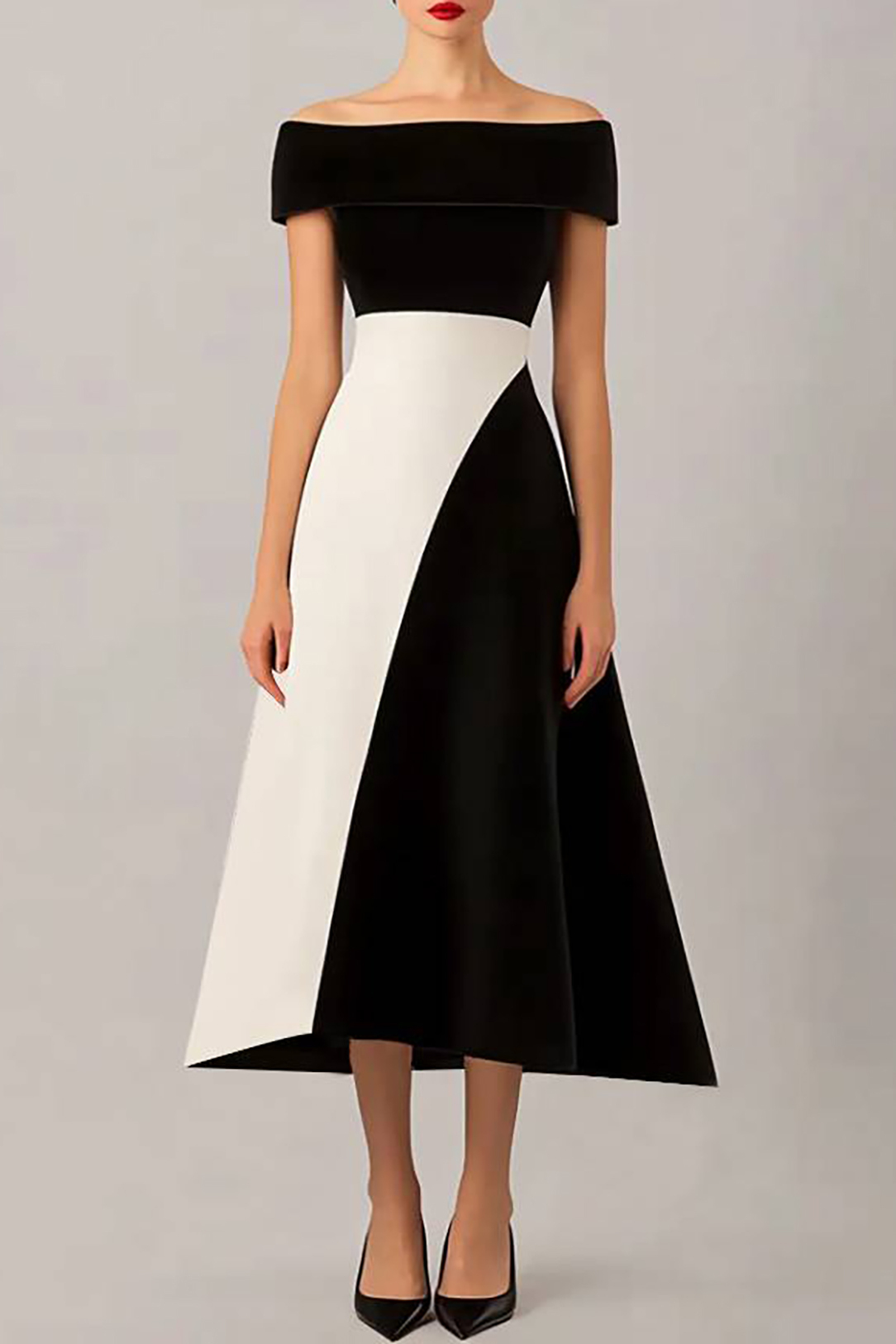 Party Semi-Formal Colorblock Dress Black White Off Shoulder Midi Dress