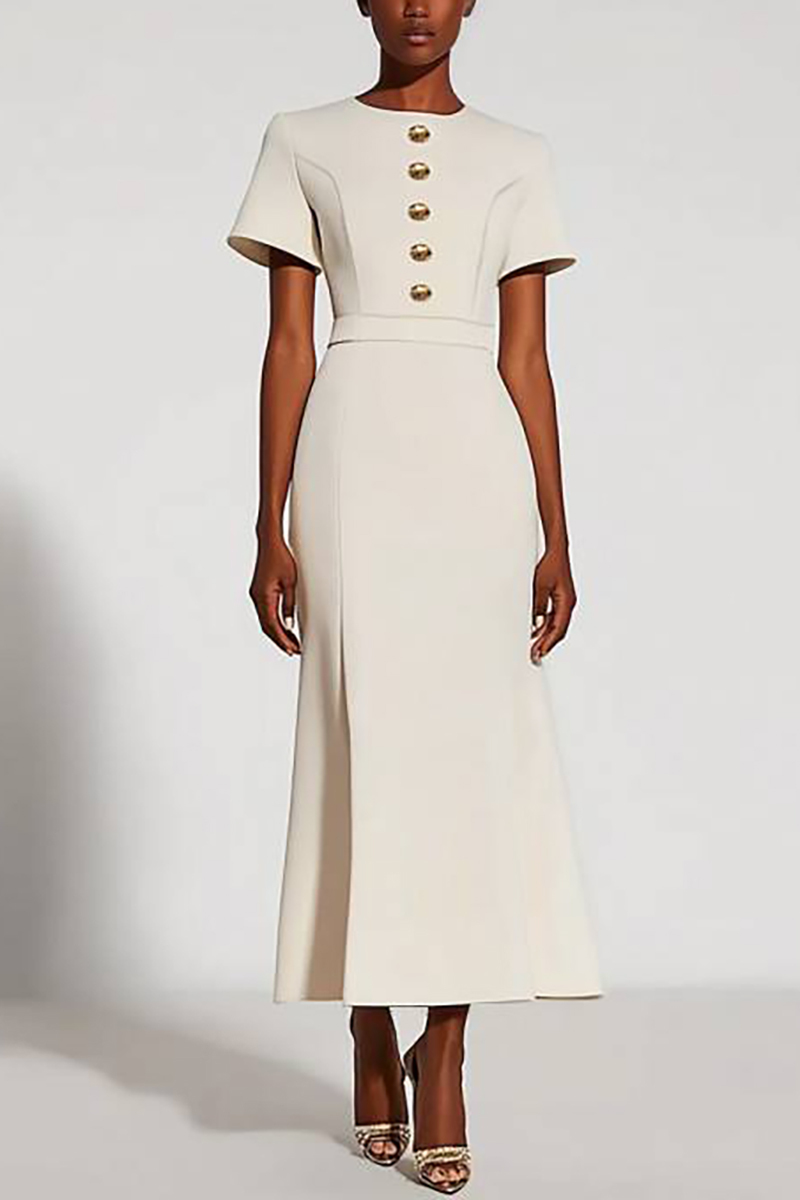 Work Semi-Formal Dress White Round Neck Button Short Sleeve Maxi Dress