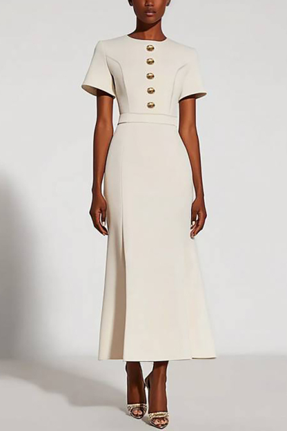 Work Semi-Formal Dress White Round Neck Button Short Sleeve Maxi Dress