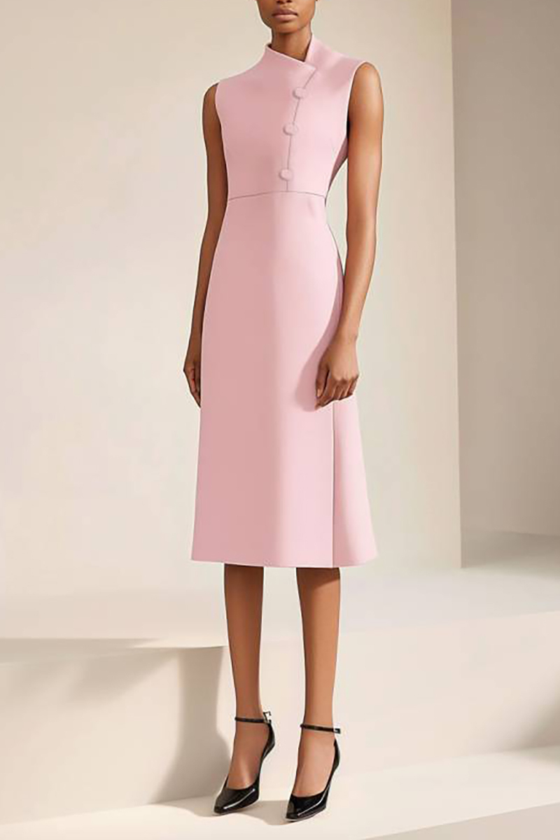 Cocktail Party Dress Pink Sleeveless Button Knee-Length Dress