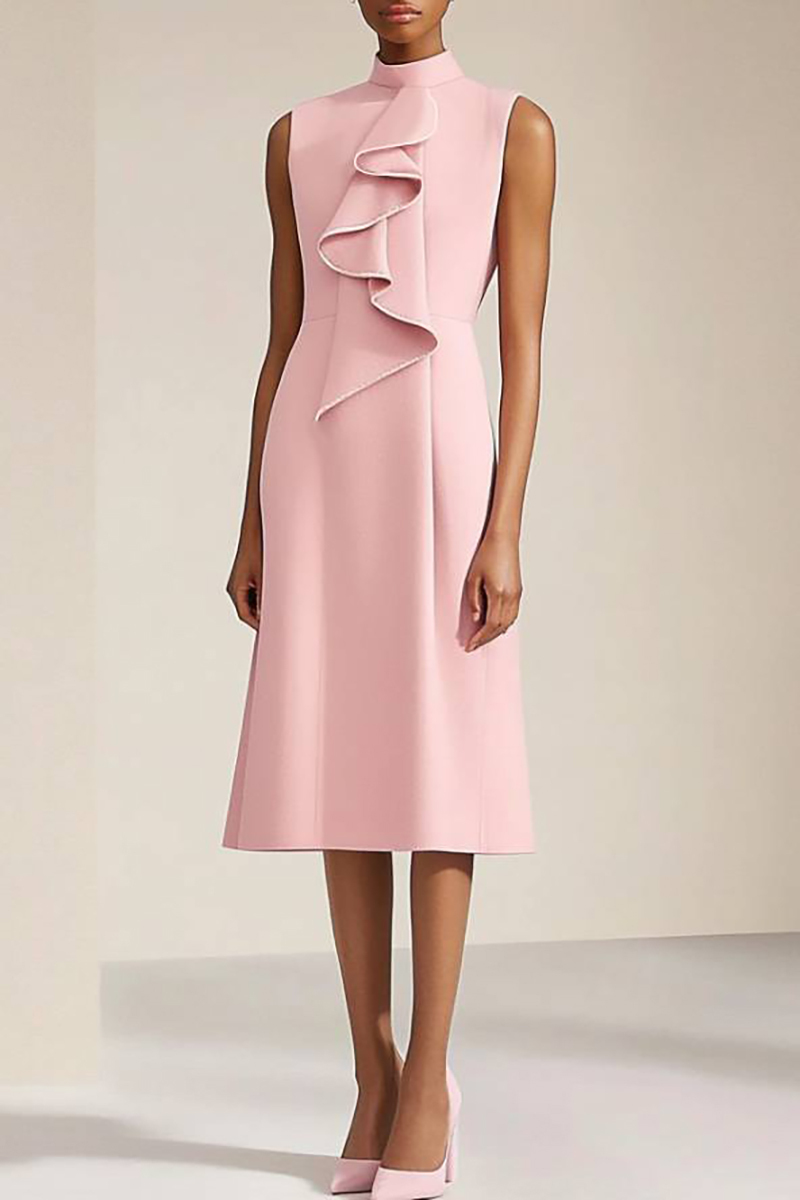 Party Cocktail Dress Pink Stand Collar Sleeveless Ruffled Knee-Length