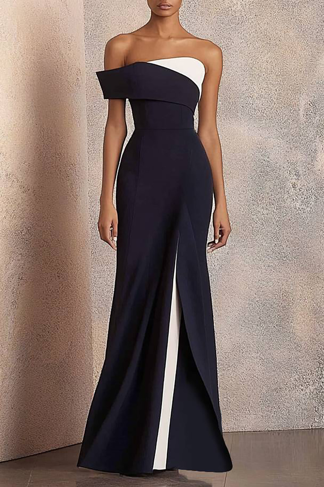 Evening Formal Colorblock Dress One Shoulder Asymmetrical Slit Maxi Dress