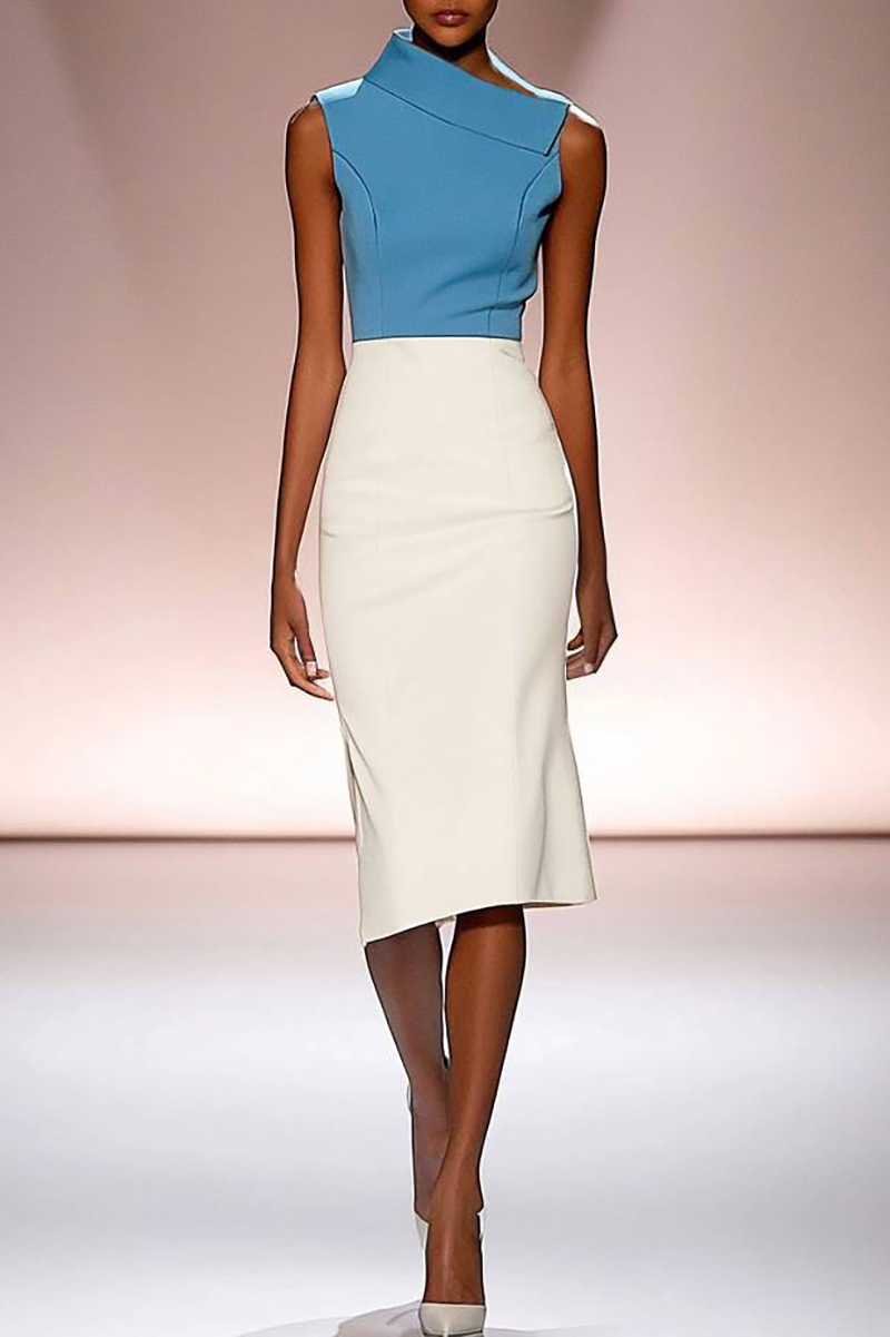 Cocktail Party Dress Blue White Colorblock Stand Collar Knee-Length Dr