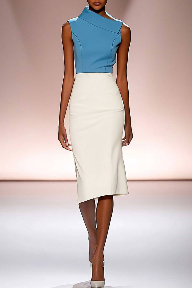 Cocktail Party Dress Blue White Colorblock Stand Collar Knee-Length Dr